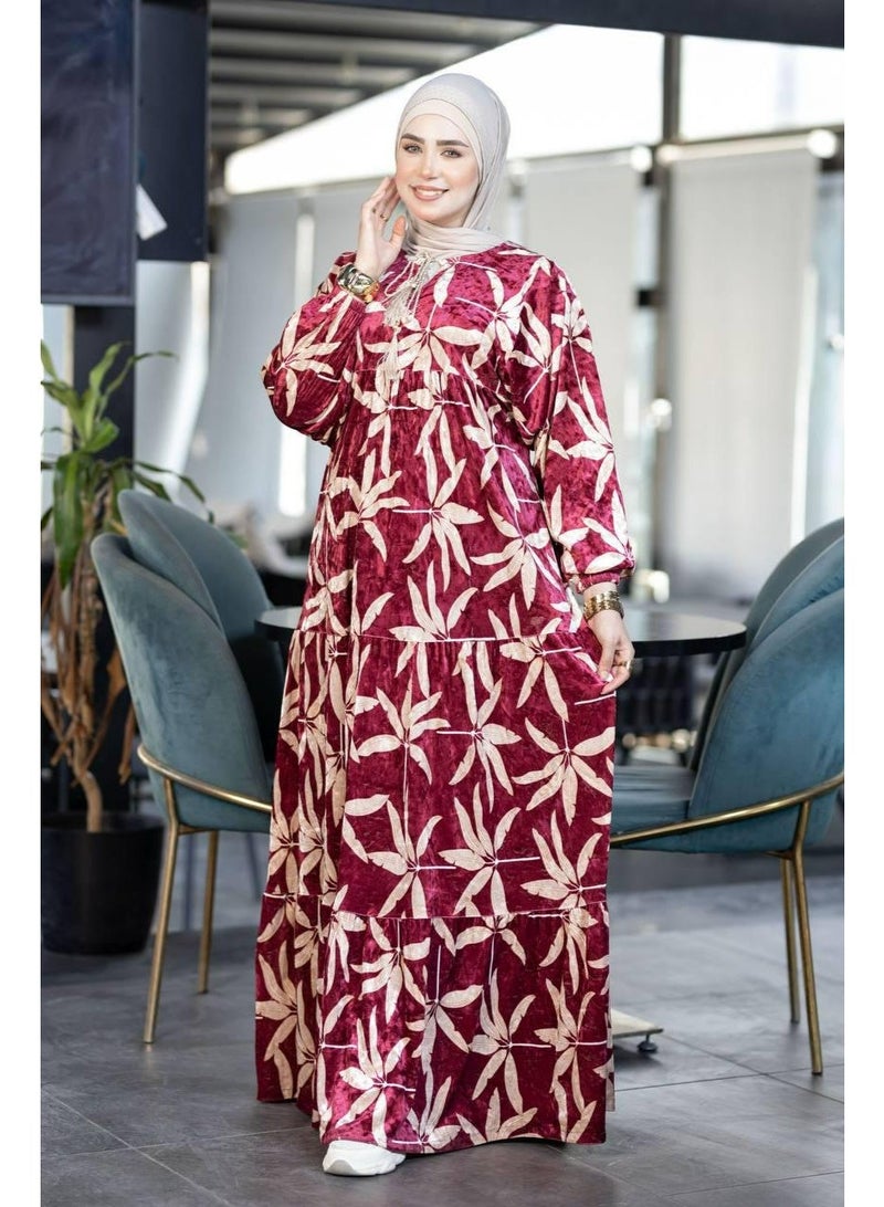 Modest Long Dress with Leaf Print – Comfortable Loose Fit for Everyday Wear and Occasions - Burgundy - Image 2